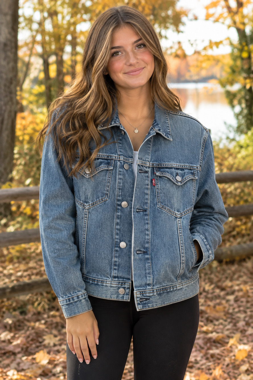 Levis Denim Jacket Jr XL-womans 8 Blue Stretch Jean Trucker Button Front Classic